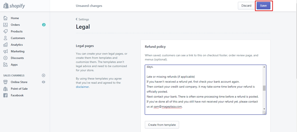 how to add a webpage with your store policies